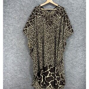 Eshe Dress Women One Size Brown Animal Print Shift Midi Rhinestone Short Sleeve